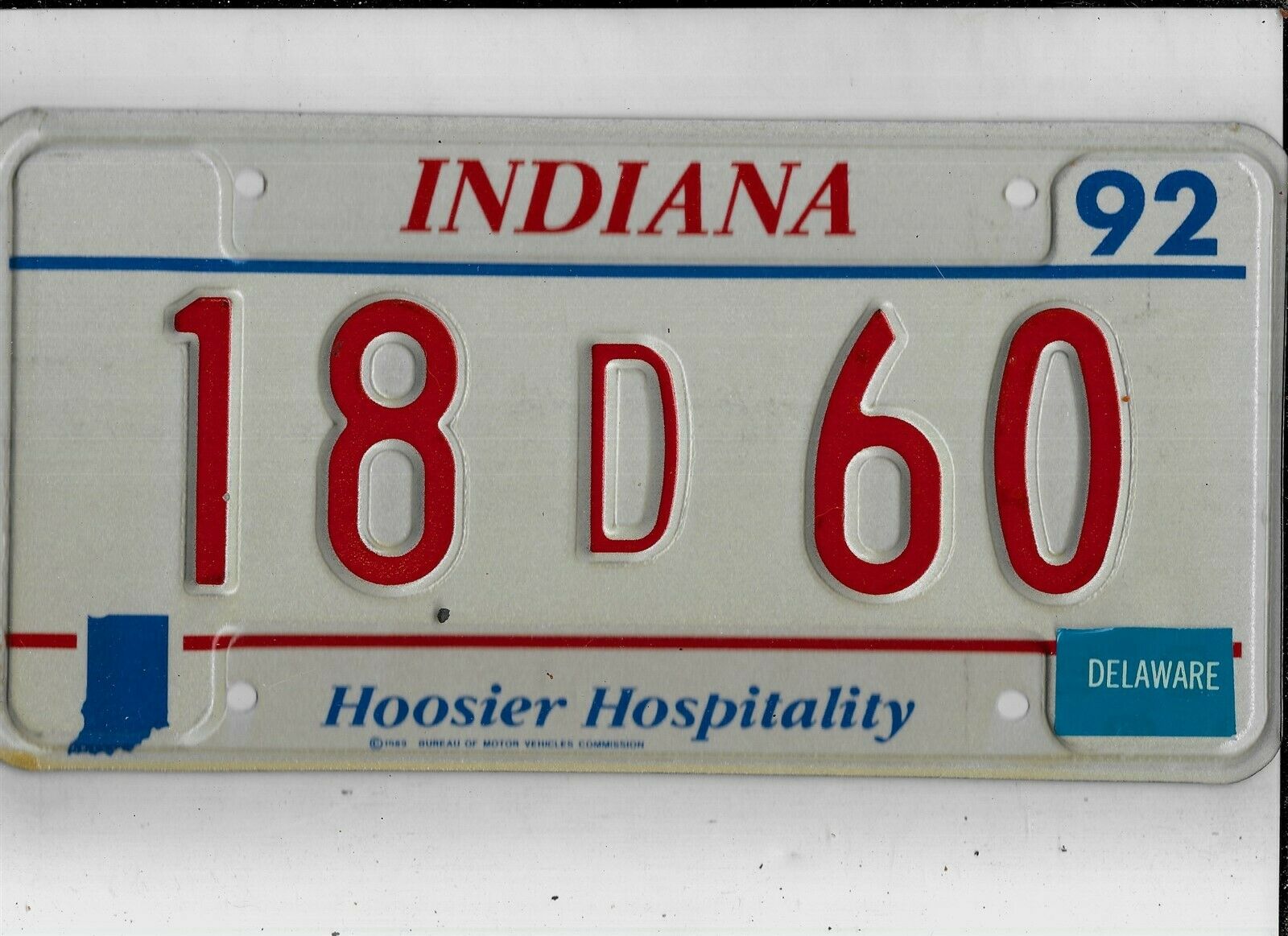 Indiana Passenger 1992 License Plate "18 D 60" ***mint***delaware***