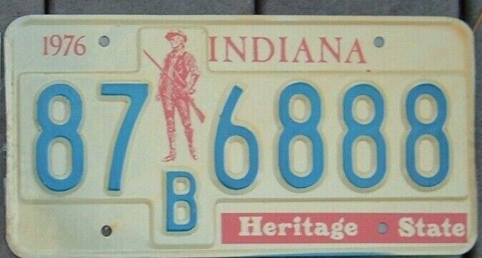 Indiana Vintage 1976 Bicentennial  License Plate - Man Cave 87 B 6888 Triple 8 S