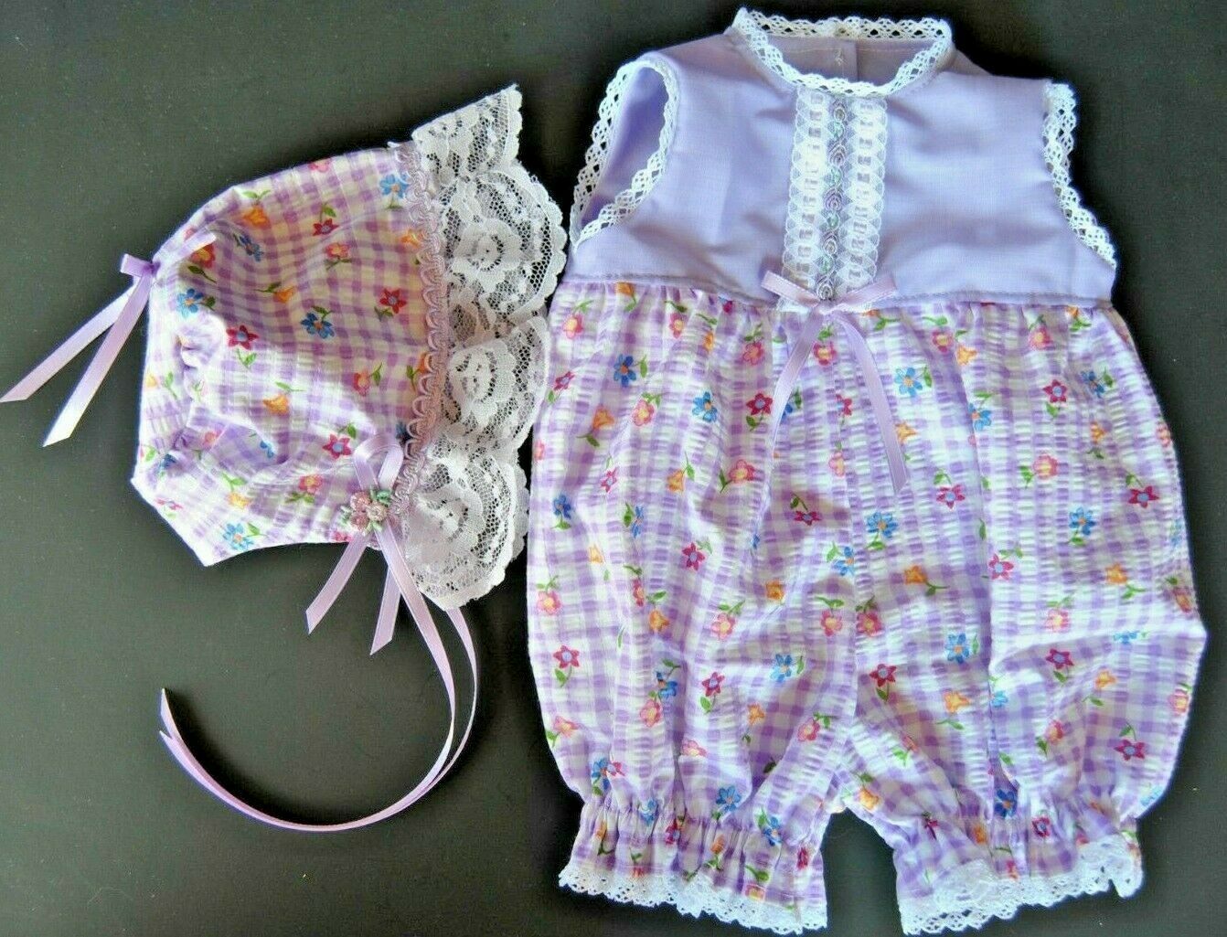 2pc Purple & Floral Sunsuit & Bonnet To Fit 20 Inch Toodles Baby Doll Or Similar